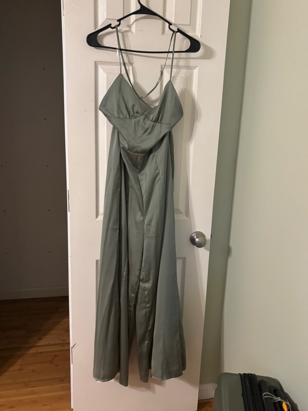 Satin Spaghetti-Strap Jumpsuit in Sage Green